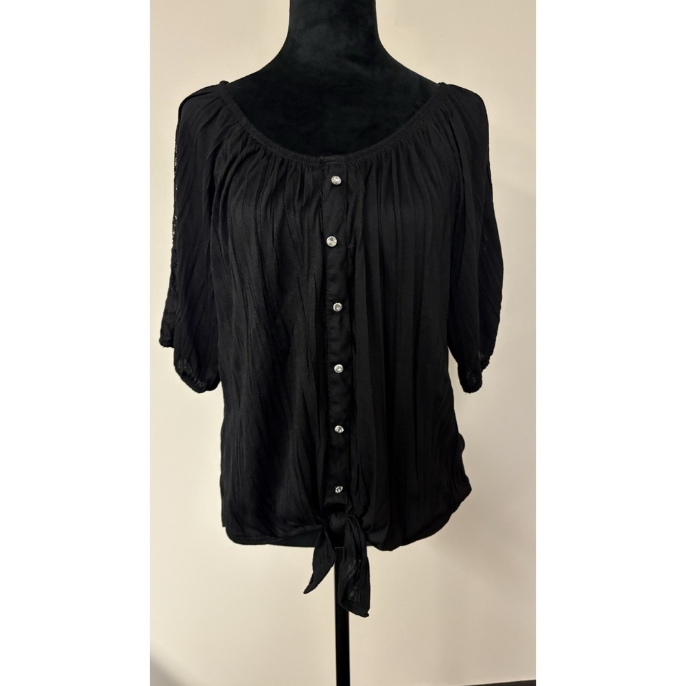French Laundry Black Button Front Tie Hem Blouse Women's Size XL